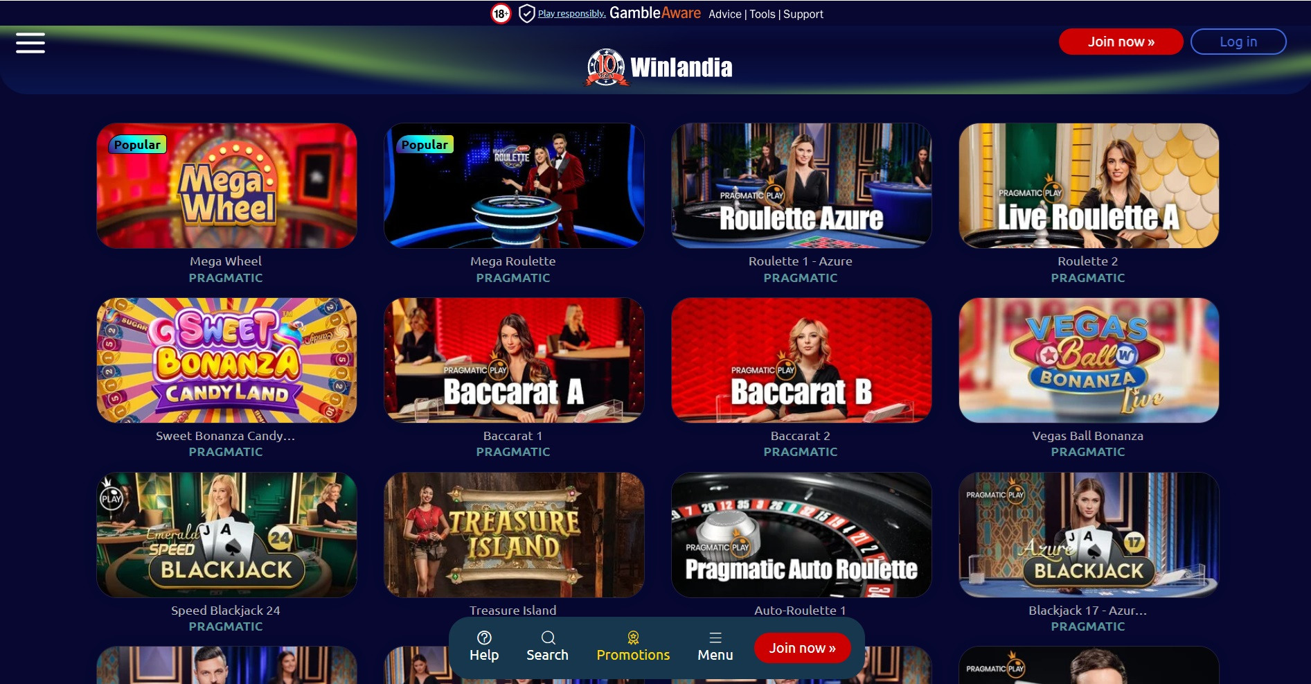 Winlandia live casino menu